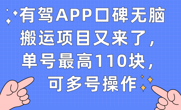 有驾APP口碑无脑搬运项目又来了，单号最高110块，可多号操作-小白项目网