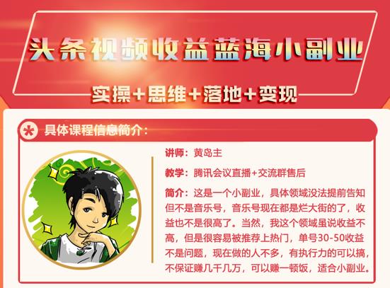 黄岛主·头条视频蓝海小领域副业项目，单号30-50收益不是问题-小白项目网