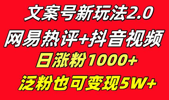 文案号新玩法 网易热评+抖音文案 一天涨粉1000+ 多种变现模式 泛粉也可变现-小白项目网