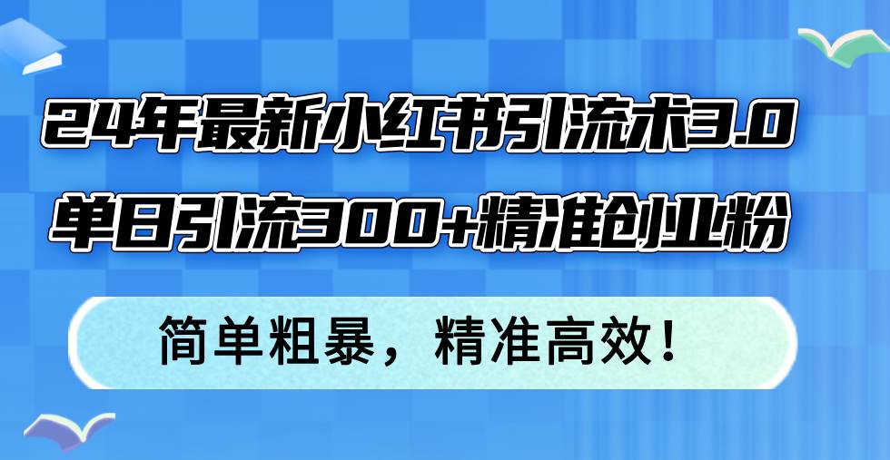 24年最新小红书引流术3.0，单日引流300+精准创业粉，简单粗暴，精准高效！-小白项目网