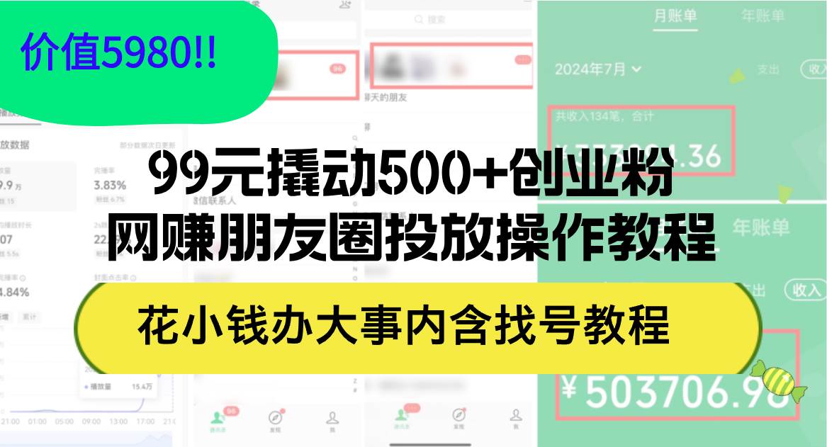 99元撬动500+创业粉，网赚朋友圈投放操作教程价值5980！花小钱办大事内…-小白项目网