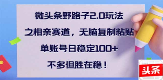 微头条野路子2.0玩法之相亲赛道，无脑搬砖复制粘贴，单账号日稳定300+…-小白项目网