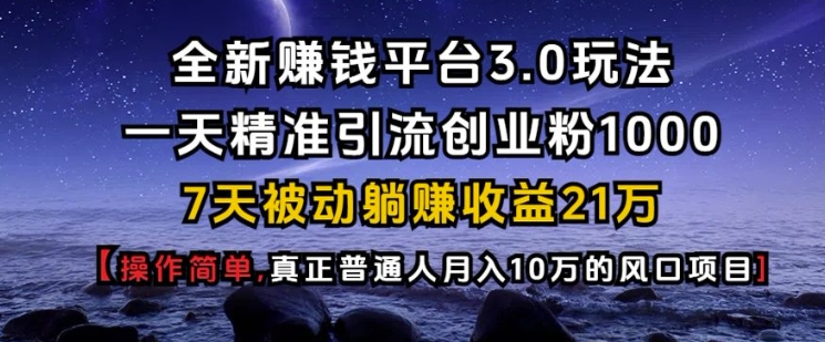 全新赚钱平台3.0玩法一天精准引流创业粉1000.7天被动躺Z收益21W【仅揭秘】 - 小白项目网-小白项目网