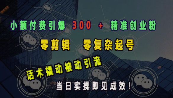 小额付费引爆 300 + 精准创业粉，零剪辑、零复杂起号，话术撬动被动引流，当日实操即见成效-啦啦收录网